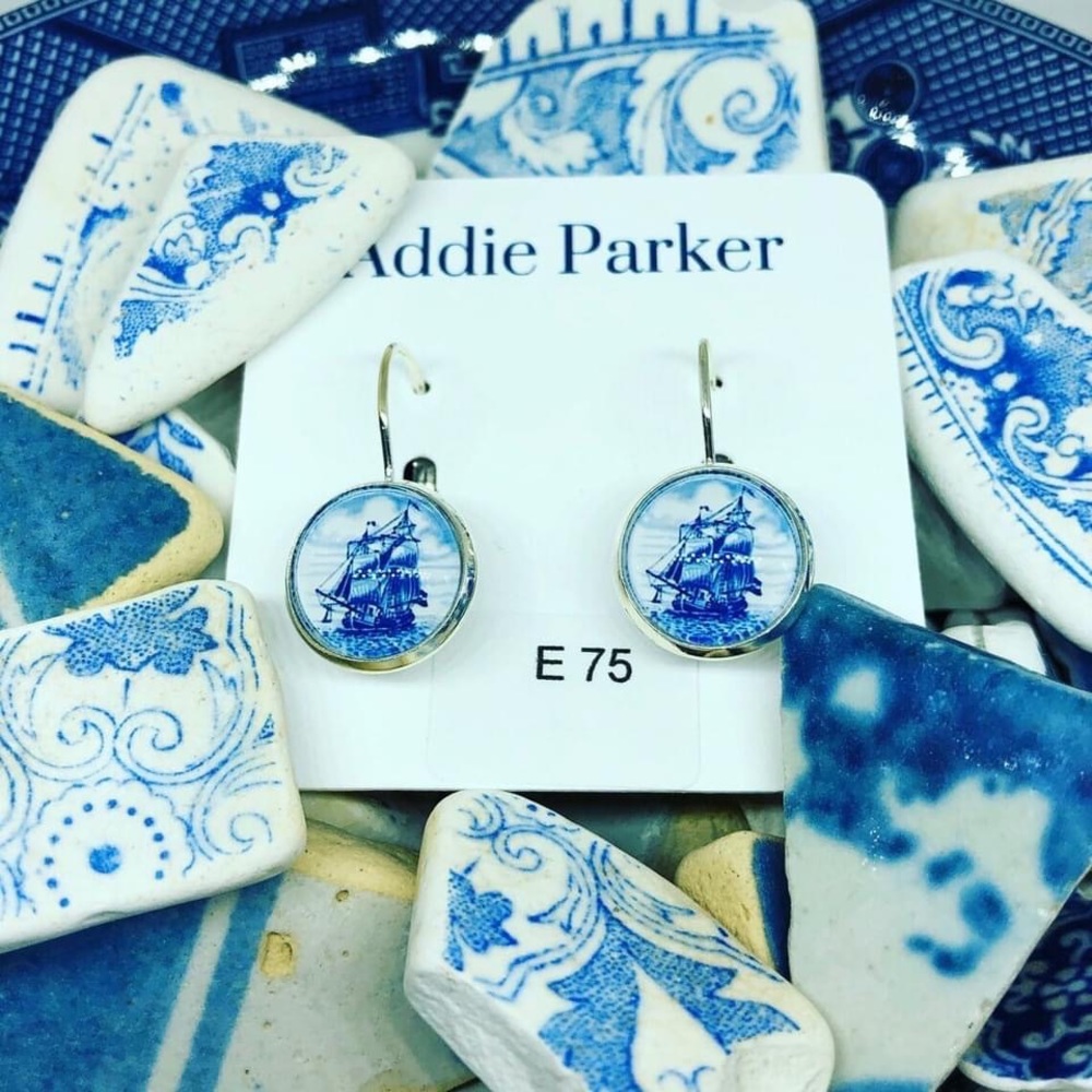 Blue White Silver Ship Earrings / Addie Parker Jewelry